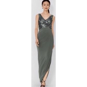 Lauren RL Evening Embellished Sequined Jersey Dress V Front Back Gown Lined Sz 6